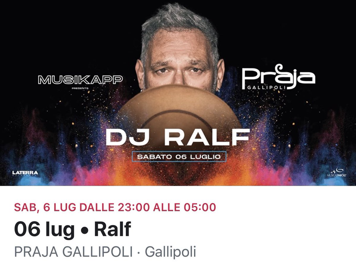 gallipolieventi's tweet photo. Sabato 06 luglio 2019 - @PrajaGallipoli
@djralf__
•
•
#salento #estate2019 #prajagallipoli #djralf #musikapp #techno #gallipoli #laterrarecordings https://t.co/MkQ52Dwcnf