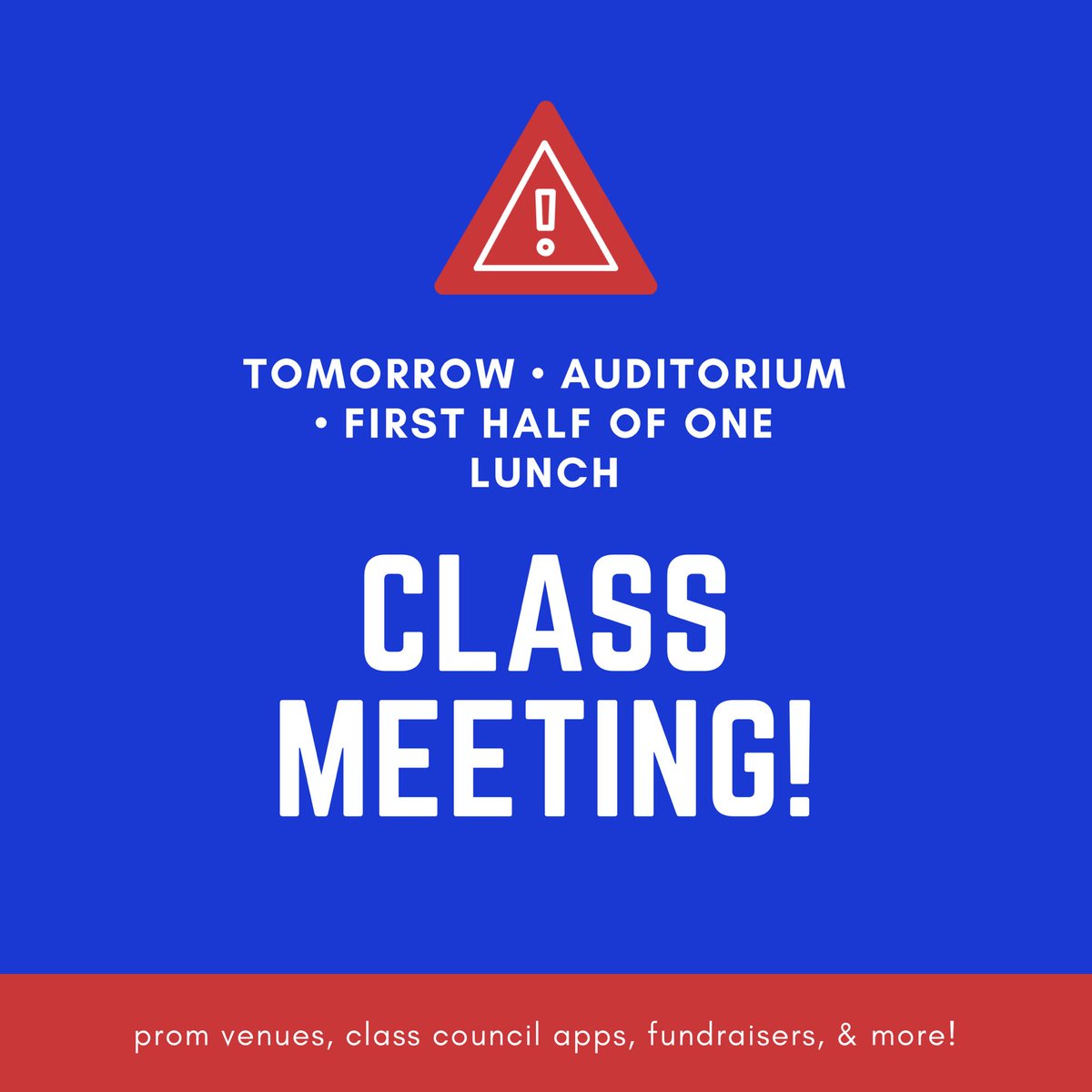 PAHS2020's tweet photo. The class meeting was pushed back to TOMORROW during the first half of one lunch in the auditorium. Please join us for the last class meeting of junior year!!! https://t.co/HptnQAsHTi