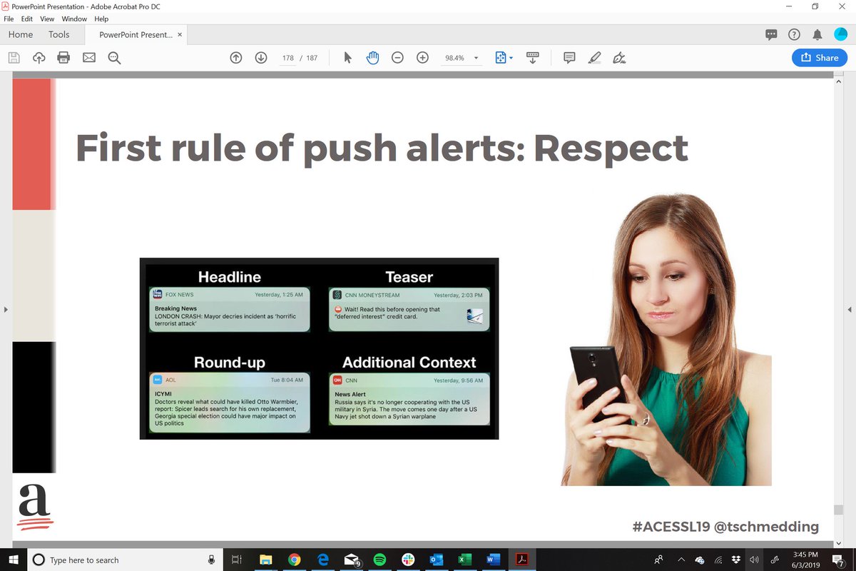ACESEditors's tweet photo. The first rule in using push notifications is to be respectful. @tschmedding #ACESSL19 https://t.co/G4UkX9C5LB