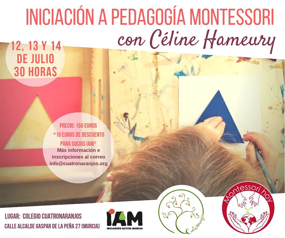 Este Julio tendremos el placer de recibir en nuestro cole a #CelineHameury de <a href="/montessorihoy/">montessorihoy</a>, con su curso intensivo y #vivencial de Iniciación a #montessori 
Muchos la conoceréis por los documentales <a href="/ensenamebonito/">enseñameperobonito</a> y <a href="/edalacarta/">Educación A La Carta</a>
Más info en el correo info@cuatronaranjos.org