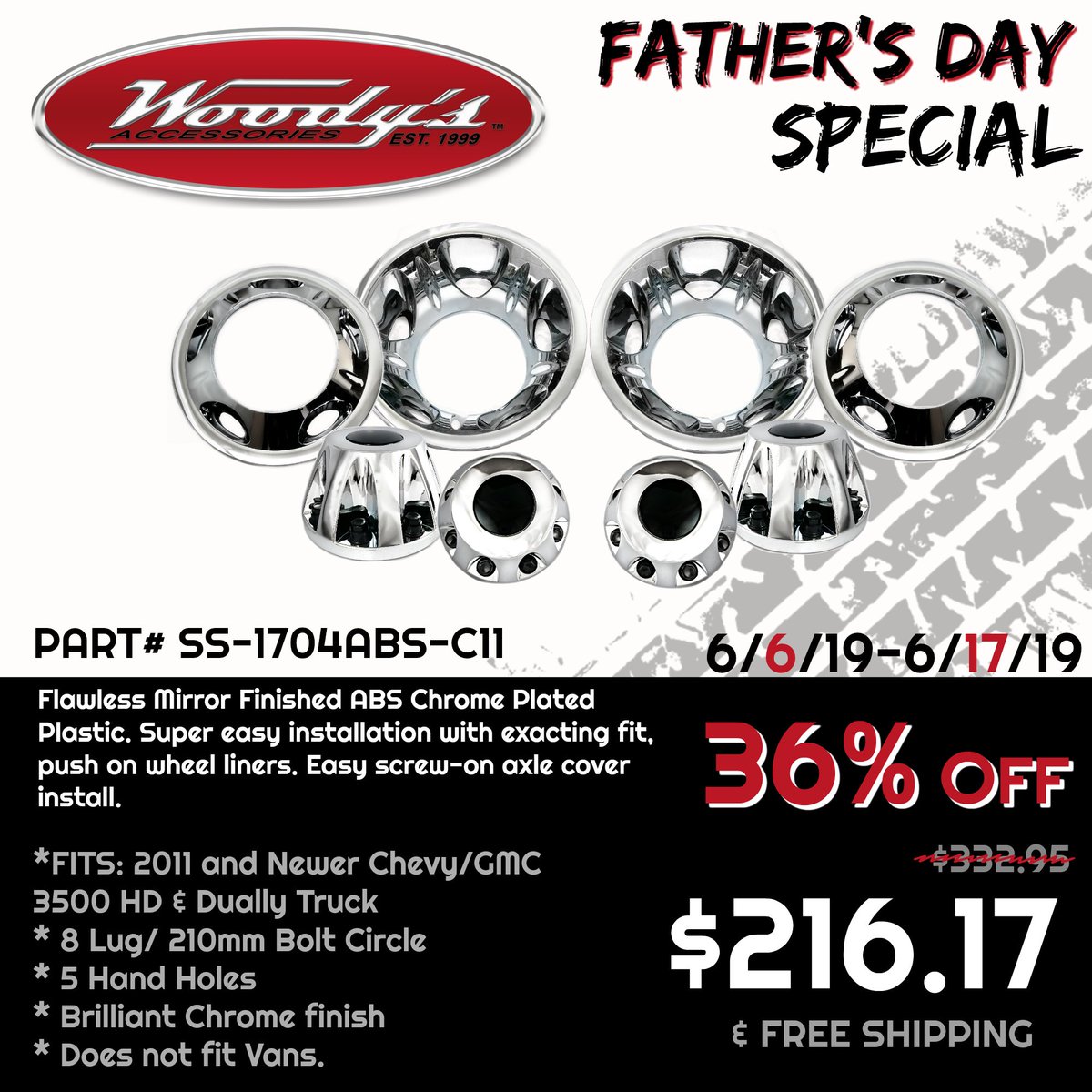 WoodysAcc's tweet photo. Starting NOW Thru 17th! Father's Day Special!!! 👔Fits GMC/CHEVY 2011 &amp; UP. Brilliant chrome finish. Hurry while stock lasts. Free shipping in the Continental US!! 1-888-277-2044. https://t.co/TQImCEFUO3
#chevy #gmc #chrome #wheelsimulators #fathersdaygifts #freeshipping https://t.co/sxMvUNLW8y