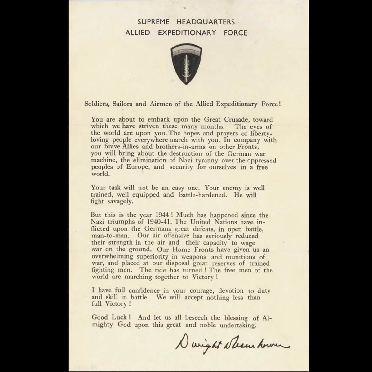 QuadrantCC's tweet photo. Gen Dwight D Eisenhower’s message to the troops prior to Operation Overlord. 
#wwii #wwiihistory #ww2 #ww2history #usarmy #usarmysoldier #usnavy #marines #usaf #tactical #combat #combatmedic #heroes #medic #normandybeach #normandyfrance #1940s https://t.co/y1dQIYNqev