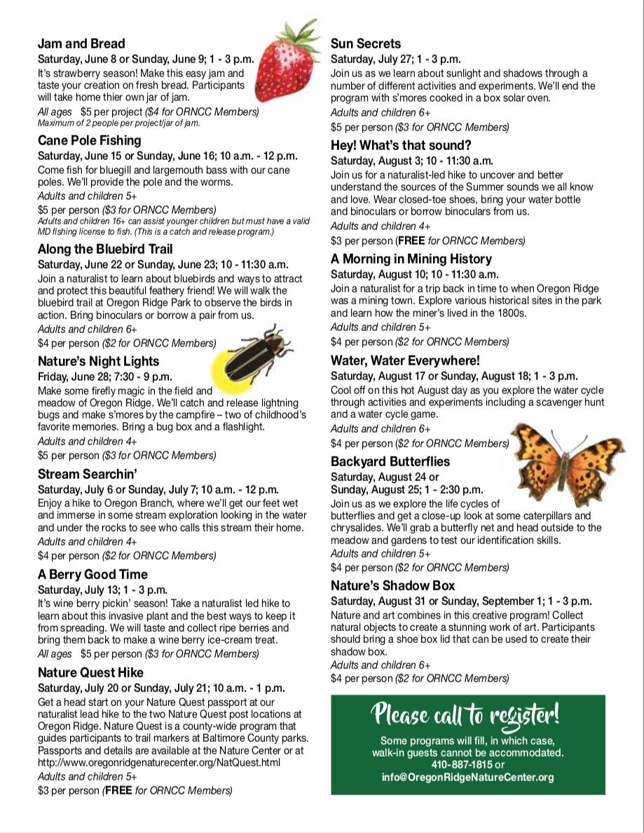 OregonRidge's tweet photo. Oregon Ridge Nature Center Summer Calendar...
Register Now! Many programs will fill!
info@OregonRidgeNatureCenter.org or 410-887-1815
#NaturePrograms #BaltimoreCounty #Cockeysville #HuntValley #Canoeing #Tubing #Campout #Hikes #GetOutside #SummerFun #Bluebirds #Butterflies https://t.co/e1h9WdZ7p5