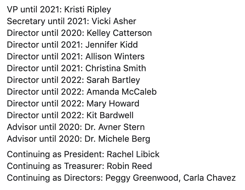 Congratulations to our new board members! We're excited and have great things on the horizon. Stay tuned and say welcome our new board: