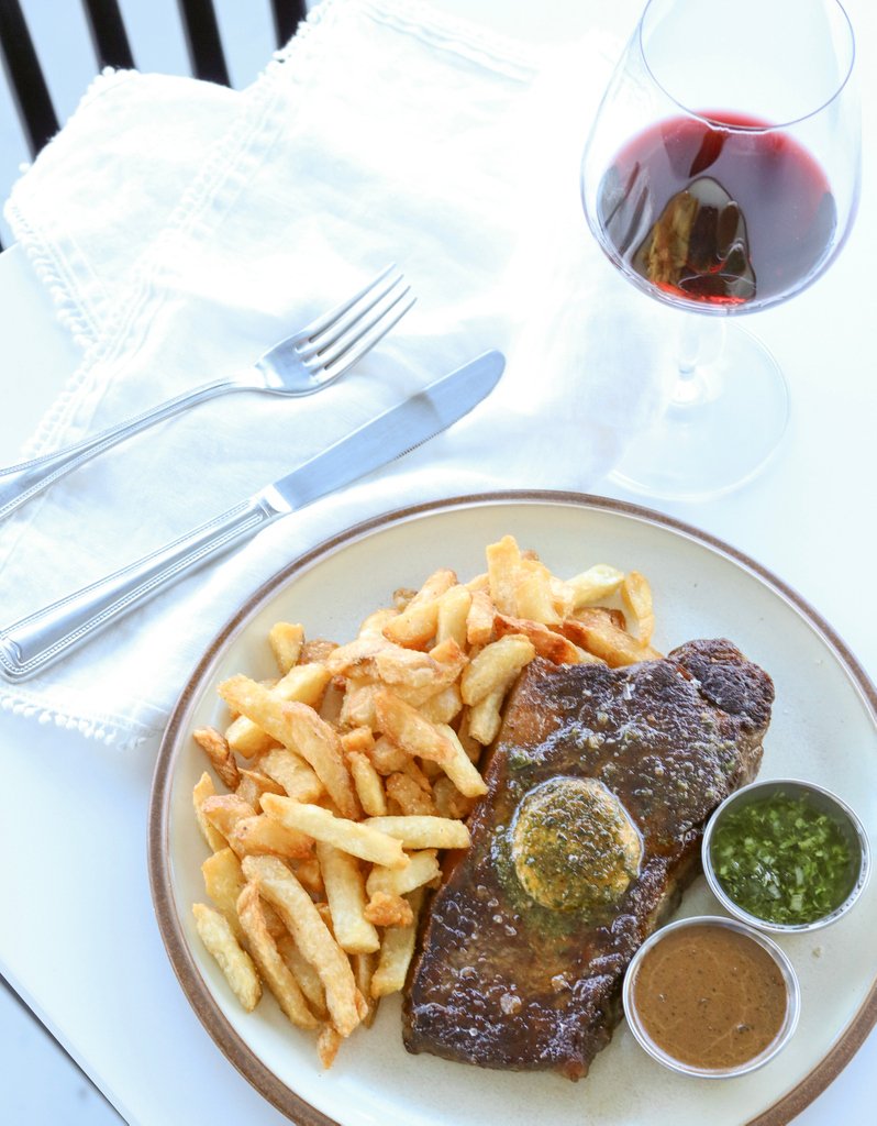 Steak &amp; frites | 8oz flat iron, café de Paris butter, peppercorn sauce. #verreonthewater #verreyvr