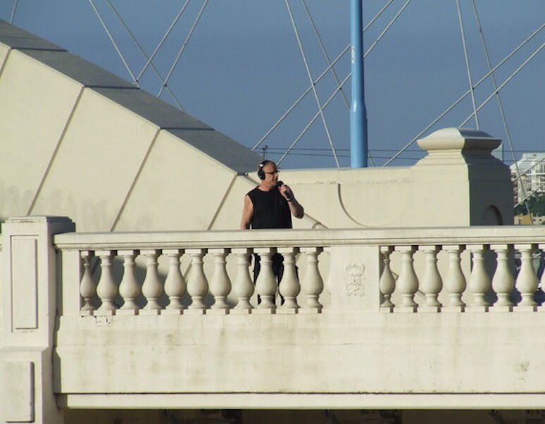 BrendenWood's tweet photo. @Hit105Breakfast @hit105Brisbane ...and here's @Spoonyman doing a live cross back to the B105 balcony (OB location) for @TripleMSydney #GrillTeam. Spoonman is standing on the William Jolly Bridge at North Quay...and, as usual, he's pumping up the flood story to make it sound interesting 4 our Triple M listeners. https://t.co/W6LPNFp7wy