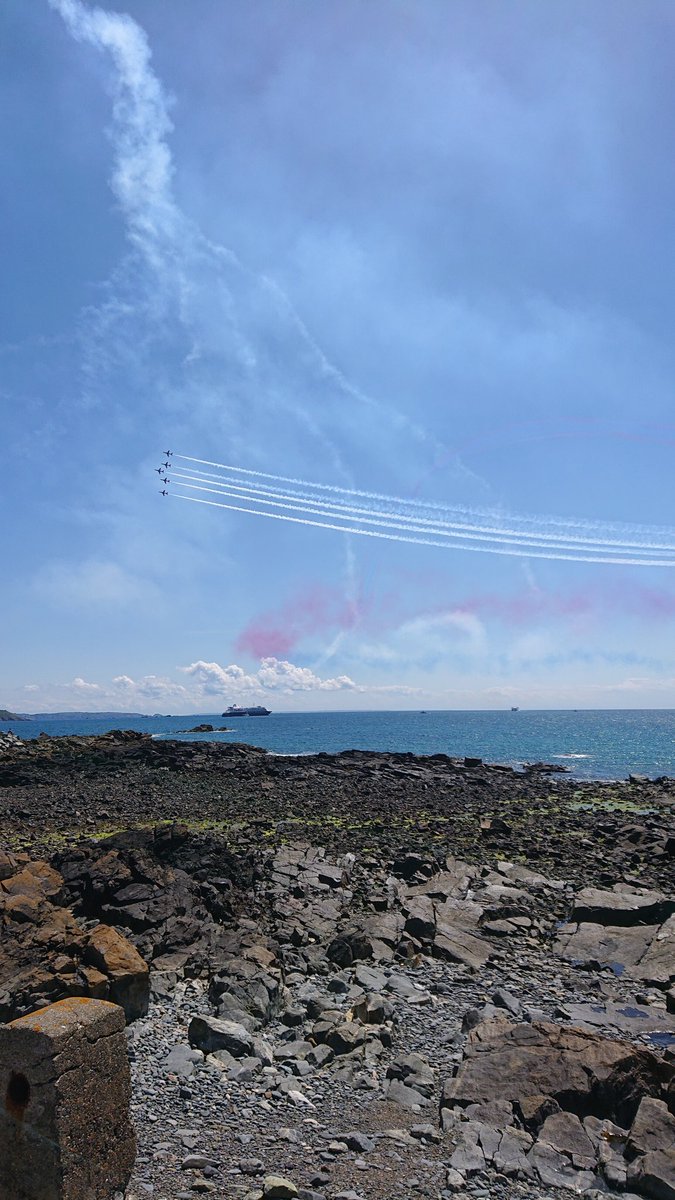 Fantastic Red Arrow's over St Peter Port on commemoration of D-day with cruise ship 'Silver Cloud' anchored between Guernsey and Herm.