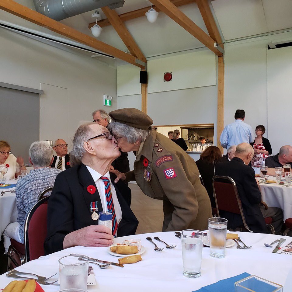 The money shot from today’s D-Day 75 lunch <a href="/RoyalCdnLegion/">The Royal Canadian Legion</a> br.  115 in Hudson, courtesy @Stewthebassman: WW2 Canadian Army nurse Maxine Bredt and RCN Lt. Harry Trenholme, who commanded a landing craft ferrying Canadian soldiers to Juno Beach on June 6, 1944. God bless them both.