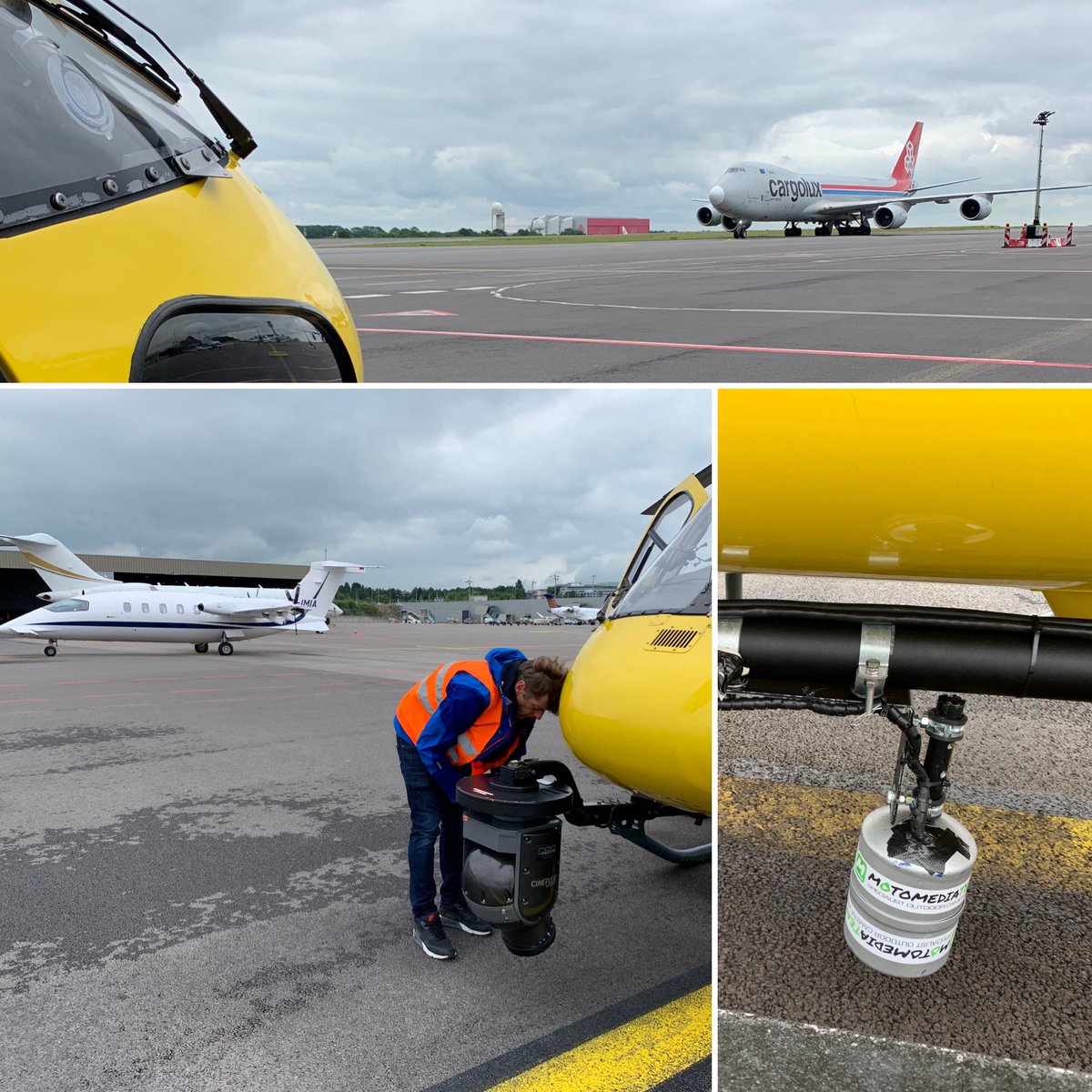 Anyvision_BE's tweet photo. Zo. Die hangt. #wmtlive encoder inbouwen in helicopter voor #tourdeluxembourg. Op tarmac tussen de aankomende en vertrekkende vliegtuigen. #cycling https://t.co/DJt7gI0n1I