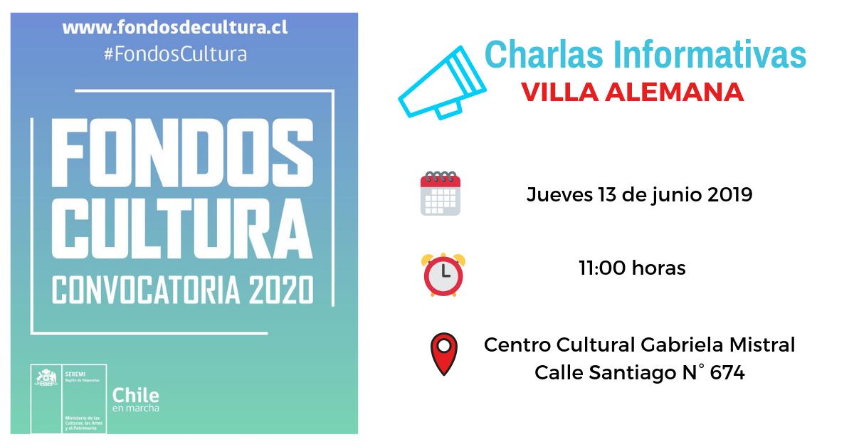 #FondosCultura El jueves 13 de junio a las 11:00 horas en #VillaAlemana <a href="/culturasvalpo/">Culturas Valparaíso</a>  realizará Charla Informativa para el proceso de postulación a los <a href="/FondosCultura/">Fondos de Cultura</a> 2020 ¡Te esperamos aquí en @CCULTURALGM ! #Cultura