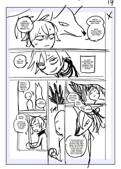 Things I keep in mind when laying out pages:
? the reading direction of the viewer should help direct the flow of action
? note how eyes/faces are directing the flow
? try to fit a wide shot panel on each page, if appropriate. (Its bad if I haven't seen anyones feet in pages!) 