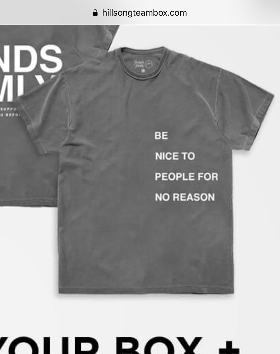 jaredwv's tweet photo. I really do like the message on the shirt they’ve got in this month’s @hillsongchannel team box. We could all do that more. #BeNiceToPeopleForNoReason https://t.co/6dBYoxhnlp