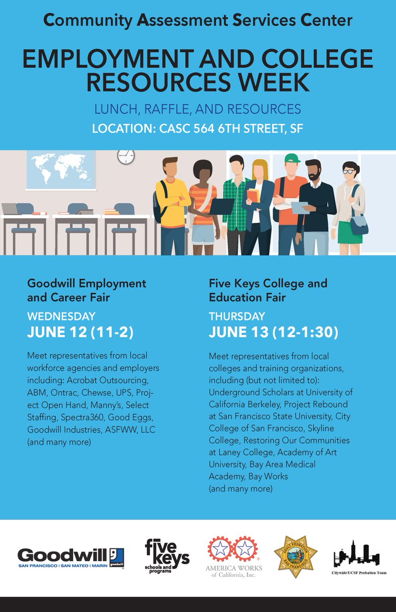 sfbaygoodwill's tweet photo. Join us on June 12th for the Community Assessment Services Center's #Employment and #College Resources Week! Make connections with #localemployers and on June 13th meet #localcolleges. #SFGoodwill #DignityofWork https://t.co/4qSjqLOkkJ