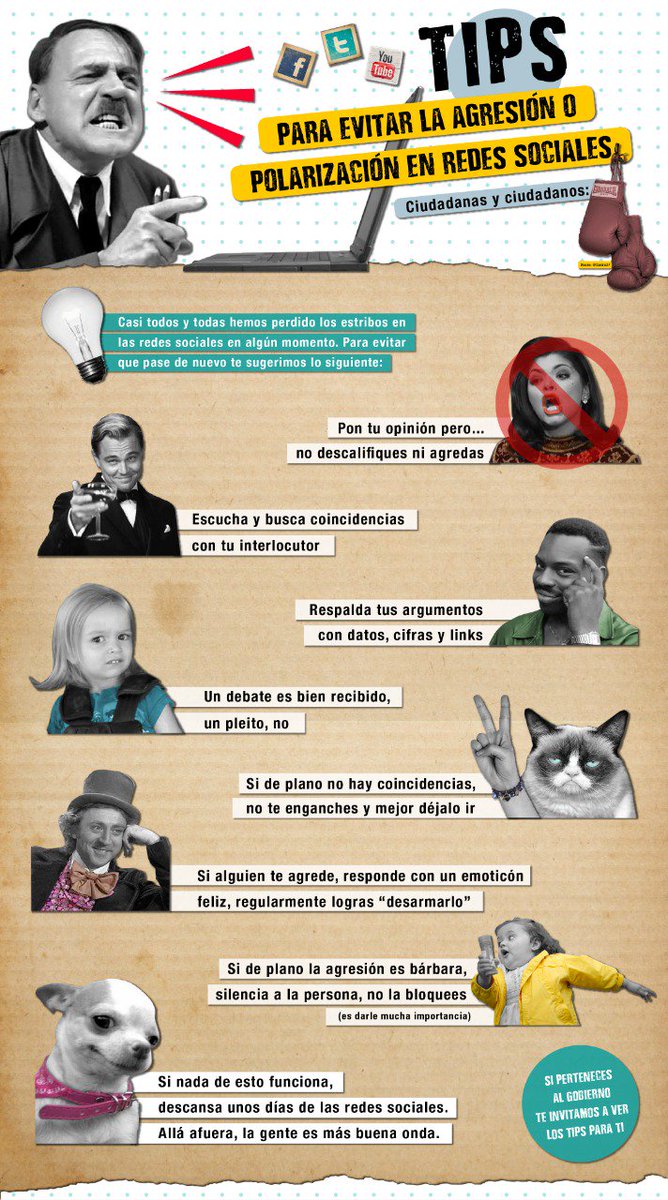 A ver muchachos y muchachas estamos chupando tranquilos 🍻
¿Qué necesidad hay de pelear?
@coraliaSP y yo nos aventamos una infografía con tips para evitar la polarización y agresión en redes sociales. 🕊️✌🏾
Eche 👀 y si te late, llévalo a cabo 💗