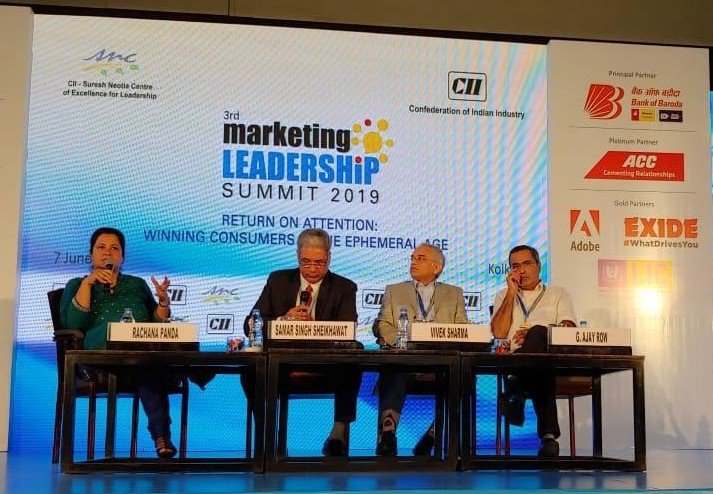 CIIEvents's tweet photo. .@SSSheikhawat, @Viveksharma04, @PandaRachana and Ajay Row share their vision on discovering moments of truth in the attention economy and how wide the circle of trust at the 3rd #MarketingLeadershipSummit2019 #ciimls #CIISNCEL #Leadership @CII_Leadership https://t.co/Bt3FXFD8FJ