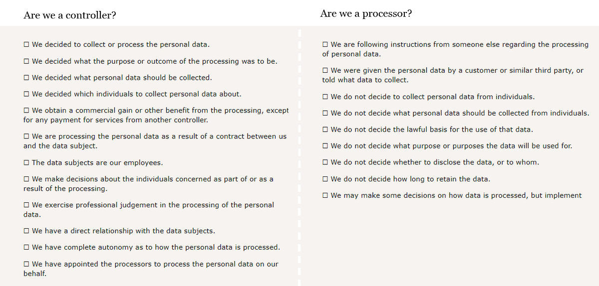ICOnews's tweet photo. The following checklists set out indicators as to whether you are a controller or a processor. The more boxes you tick, the more likely you are to fall within the relevant category.

Read our guidance for more support: https://t.co/8ejcCw4wMR https://t.co/CGYhLTYQvE