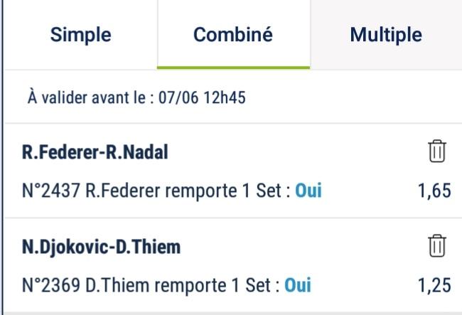 AzayPronos's tweet image. Prono Tennis du 07/06 🎾 

Combiné côté à 2 ⚁ 

10€     - - - &amp;gt;.    20.60€

#TeamParieur