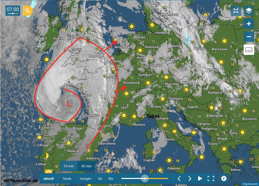 NoodweerBenelux's tweet photo. Goedemorgen! Een #stormdepressie Miguel trekt op dit moment van het W van Frankrijk richting de #Benelux. Windstoten nemen in de loop van de voormiddag toe en pieken in de #namiddag. Gemiddelde waardes van 60 tot 80 km/u kunnen lokaal #windschade veroorzaken. #NWBNLX https://t.co/b4Brn8dXsB