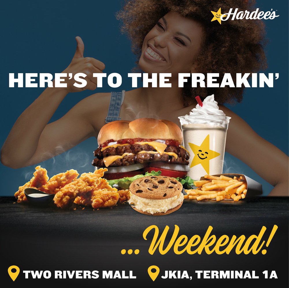 HardeesKenya's tweet photo. ‘Here’s to the Freakin’ Weekend’… Enjoy this and more only at @HardeesKenya! 😉⭐🍔⭐🍗⭐🍟⭐🍪⭐😋

Locations: 🏬 @TwoRivers_KE ✈️ #JKIATerminal1A (24h)

🛵 Deliveries by @UberEats >> https://t.co/9f7VTIRWti

♥#Fridays ♥#TGIF ♥#Burgers ♥#Chicken ♥#Shakes 
♥#HardeesKenya https://t.co/orCKY19gNW