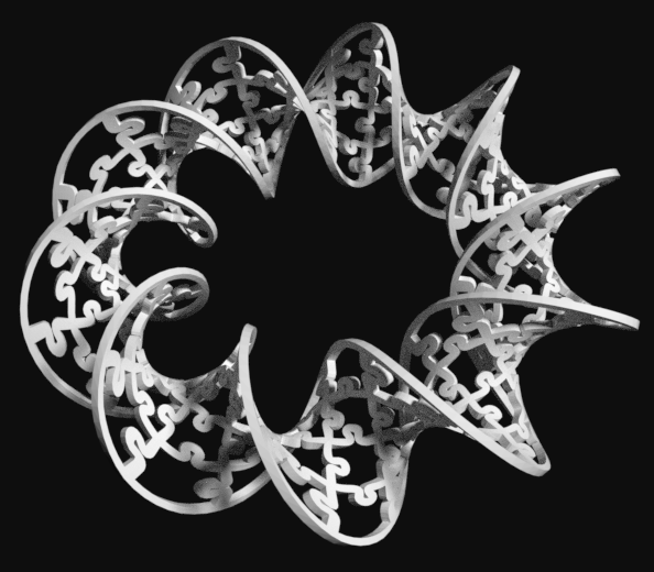 asahidari's tweet photo. Another jigsaw puzzle (model) of minimal surface. Made with not soap film, but jigsaw puzzle pattern... Assembling a curved puzzle may be interesting! :-)
 #helicoid #jigsawpuzzle #minimalsurface #3dmodeling #mathart
 https://t.co/TSUQlkZ4kV https://t.co/IU1Lno6QMw