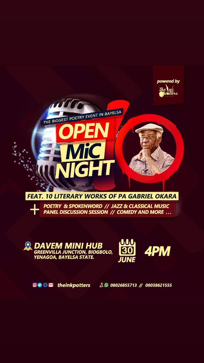 ebizimoarabina's tweet photo. Good Morning
Join us celebrate creativity as we host the Biggest #Poetry #Event in #bayelsa, The Open Mic Night 10

Date : Sun 30th June

Time : 4PM

Venue : Davem Mini Hub, Greenvilla junction Yenagoa Bayelsa State.

featuring #poetry #spokenword #music #comedy #panelsession
... https://t.co/Lcb0OPPDry