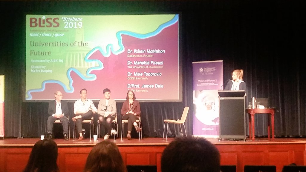 Super interesting panel discussion @BLiSS_emcr on the University of the Future. Hosted by @EvaHesping and featuring current and past members of @GRIDD_GU @MickeyTod and @roisinmcmahon. #BLiSSBNE2019