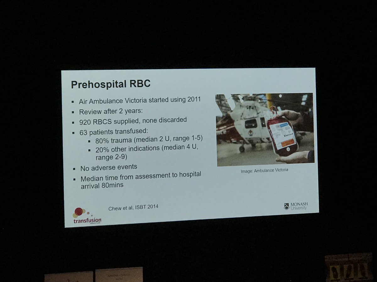 Zoe McQuiltan from <a href="/MonashUni/">Monash University</a> on innovations in transfusion at #CICM2019ASM: administration of PRBC by <a href="/AmbulanceVic/">Ambulance Victoria</a> paramedics is feasible and appears safe. Pretty long prehospital times though (my opinion, not a comment by Zoe).