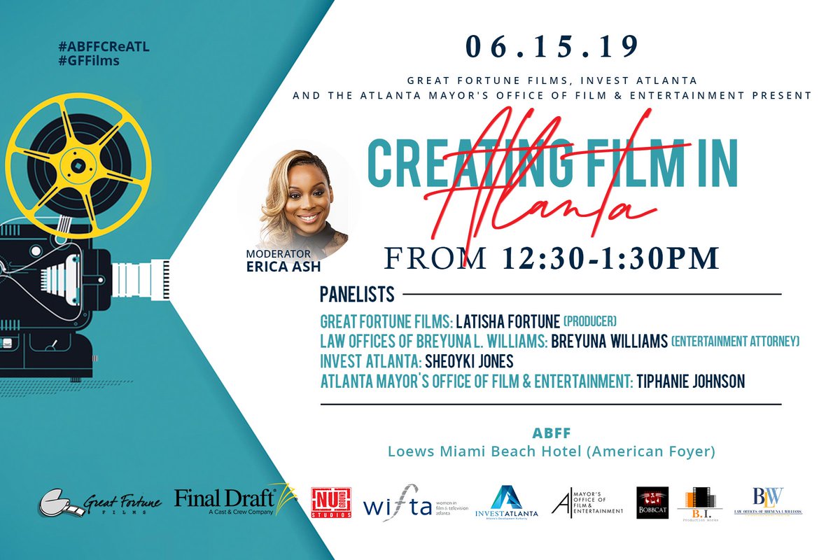 latishafortune's tweet photo. You’re invited to the ABFF’s “Creating Film in Atlanta” Panel moderated by Erica Ash @theericaash and hosted by Great Fortune Films @greatfortunefilms #ABFFCReATL #GFFilms #ABFF #greatfortunefilms https://t.co/zsKSHabRqM