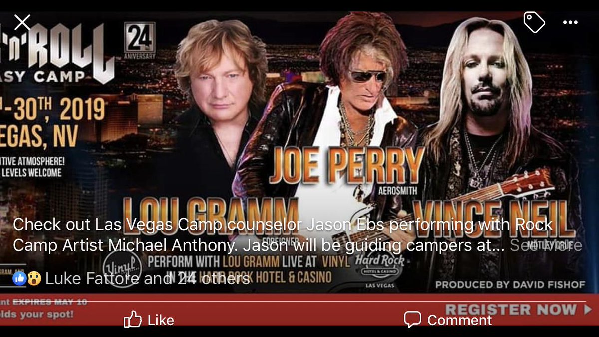 The Rock and Roll Fantasy Camp Recording Session Package with yours truly Producing  will be  June 29th at The Awesome Palms Studio in  Las Vegas 
Artists at this R&amp;R Fantasy Camp  show will be  🎤Vince Neil 🎸Joe Perry🎤 Lou Graham and 🎸 Michael Anthony !⭐️⭐️⭐️⭐️