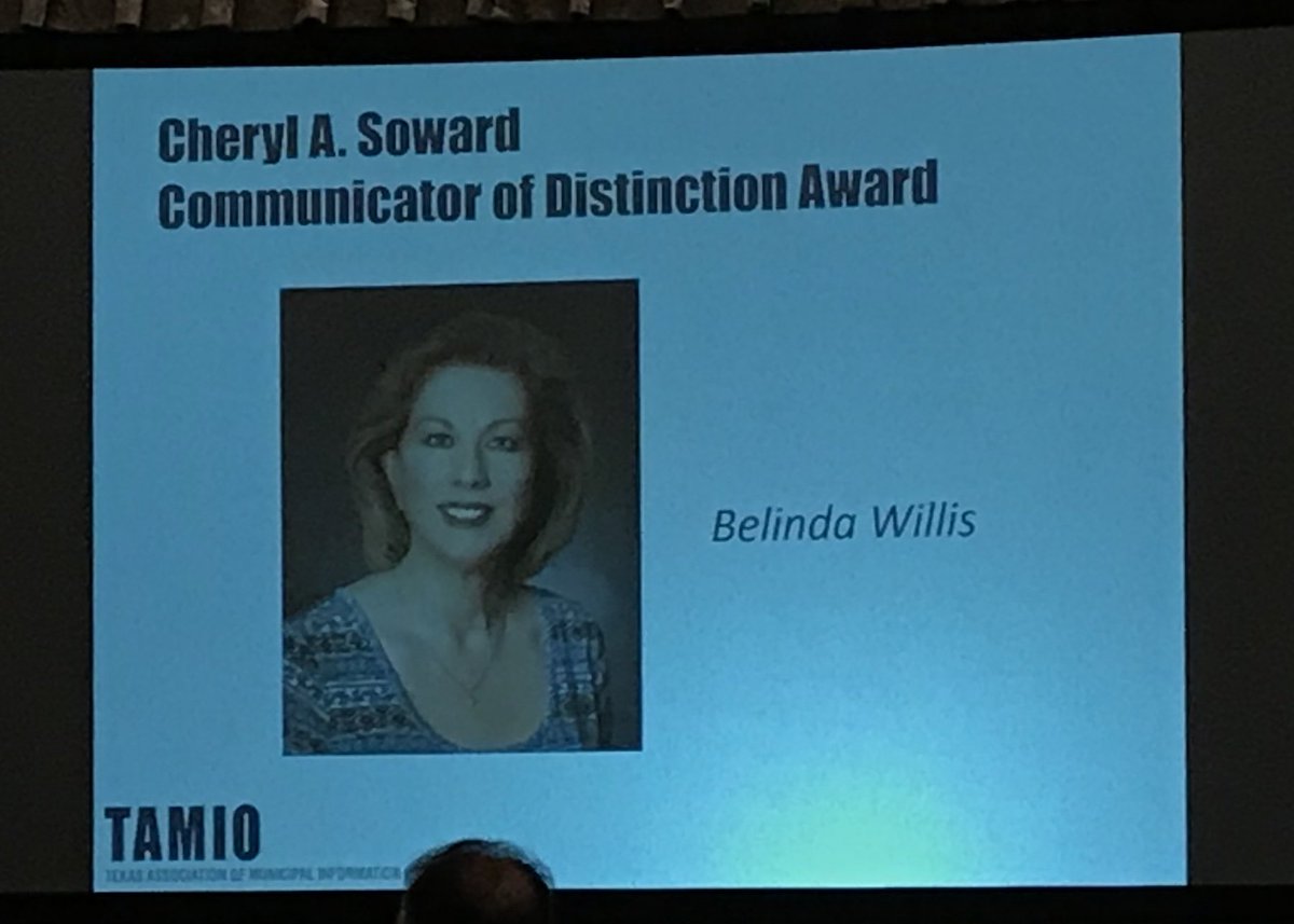 3CMA's tweet photo. Congratulations to @BelindaGWillis for being awarded the @TexasTAMIO 2019 Cheryl A. Soward Communicator of Distinction Award. #TAMIO19 https://t.co/Ha1zS3idVr