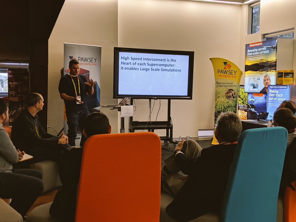 Dr. <a href="/mcytowski/">Magic Cytowski 🏳️‍🌈🇺🇦</a> showing the #teachers at the #ECAWA #CarnivalOfComputing how #supercomputers enable high speed simulations through its #interconnects. <a href="/PawseyCentre/">Pawsey Supercomputing Research Centre</a> #Masterclass in #supercomputing and #DataScience is its first in hopefully many! #STEM #HPCAustralia #STEAM 🤓