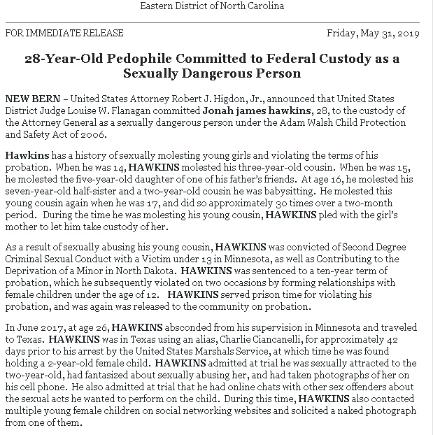 AnonCassi's tweet photo. #Justice 28-Year-Old Pedophile Committed To Federal Custody As A Sexually Dangerous Person

Jonah James Hawkins
🔥COMMITTED under
Adam Walsh Child Protection Act

EDNC New Bern, North Carolina—sexually dangerous persons HQ
@POTUS 83RD @TraffickStop #CSA
https://t.co/mNZeNq6iRY https://t.co/7HSbgbgqOr