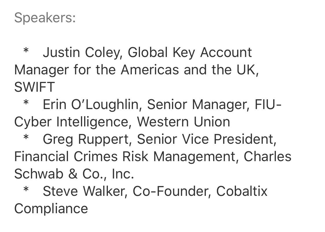 Great event hosted by <a href="/ACAMSNorthernCA/">ACAMS Northern CA</a> and <a href="/Accenture/">Accenture</a> about the importance and intricacies of Cybersecurity 🔥

Speakers from SWIFT, <a href="/WesternUnion/">Western Union</a>, <a href="/CharlesSchwab/">Charles Schwab Corp</a>, <a href="/Cobaltix/">Cobaltix</a> and moderated by <a href="/BrianStoeckert/">Brian Stoeckert</a>