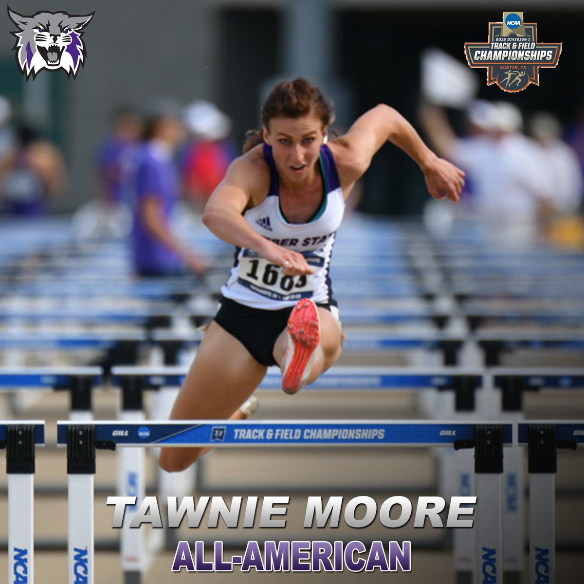 WeberStateTrack's tweet photo. ALL-AMERICAN!

Weber State's Tawnie Moore earns second-team All-America honors and broke her own school and #BigSkyTF record at the NCAA Championships with a time of 13.03!

Congrats @hurdlegurl1414!

https://t.co/aZd9vQxrKI

#WeAreWeber #LouderandProuder 👏💯 https://t.co/TK3OGcUdDD