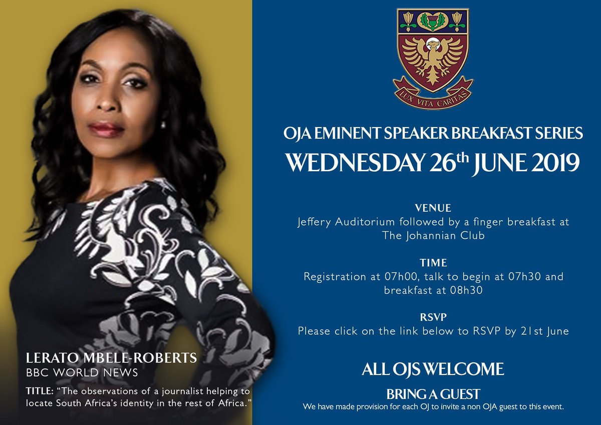 Join Lerato Mbele- Roberts (BBC World News) at our next Eminent Speaker Breakfast Series. Her talk is titled " The observations of a journalist helping to locate South Africa's identity in the rest of Africa"

buff.ly/2Mw1bsA