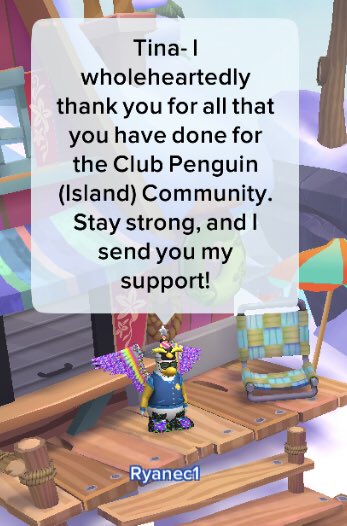 Ryanec1CP's tweet photo. I really thank @XTlNAX for all that she has done for the Club Penguin (Island) community. On behalf of myself and so many other penguins, I send you my support. Stay strong, @XTlNAX. #SupportforTuna #Supportfortina You’re great! https://t.co/edtU2rOyOc