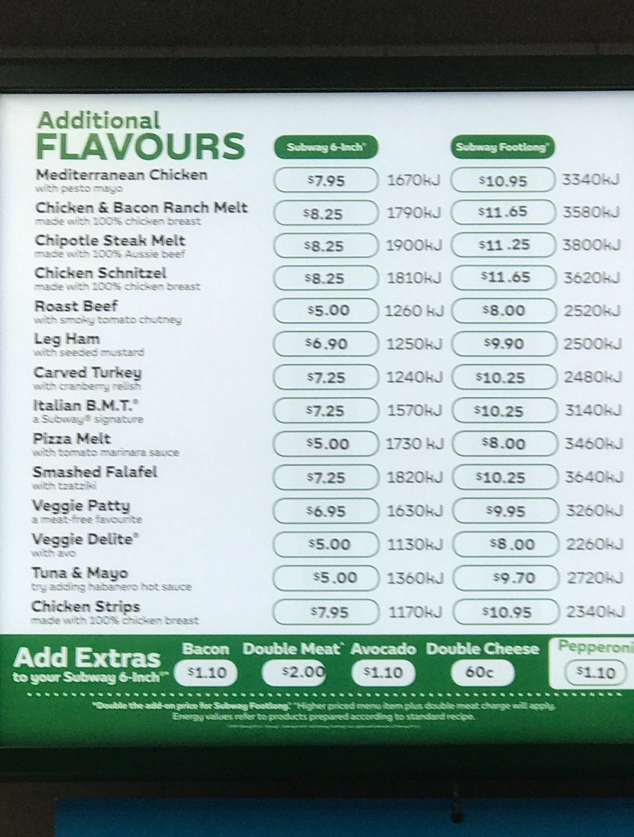 RT <a href="/sutho/">Sean A Sutherland</a>: <a href="/subwayaustralia/">Subway Australia</a>  I think you will find it’s illegal to advertise a price and then charge a higher price at checkout. I wonder how many customers don’t notice. $10.25 on display but you charge $11.25.  #subwaylistens