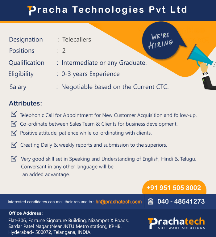 Prachatech's tweet photo. We are looking for Telecaller executives with 0-3 experience with immediate requirement.Send your resumes to hr@prachatech.com https://t.co/gPJhsMJxp1