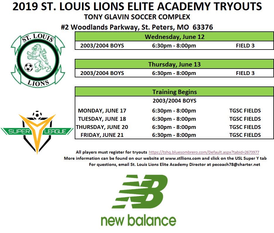 StLouisLions's tweet photo. Reminder that our tryouts for our 2003/2004 boys St. Louis Lions Elite Academy @superyleague team begin Wednesday, June 12th. Come out to the @TonyGlavin_SC Complex at 6:30.
This is a competitive club neutral team. https://t.co/2VExyFkaZH