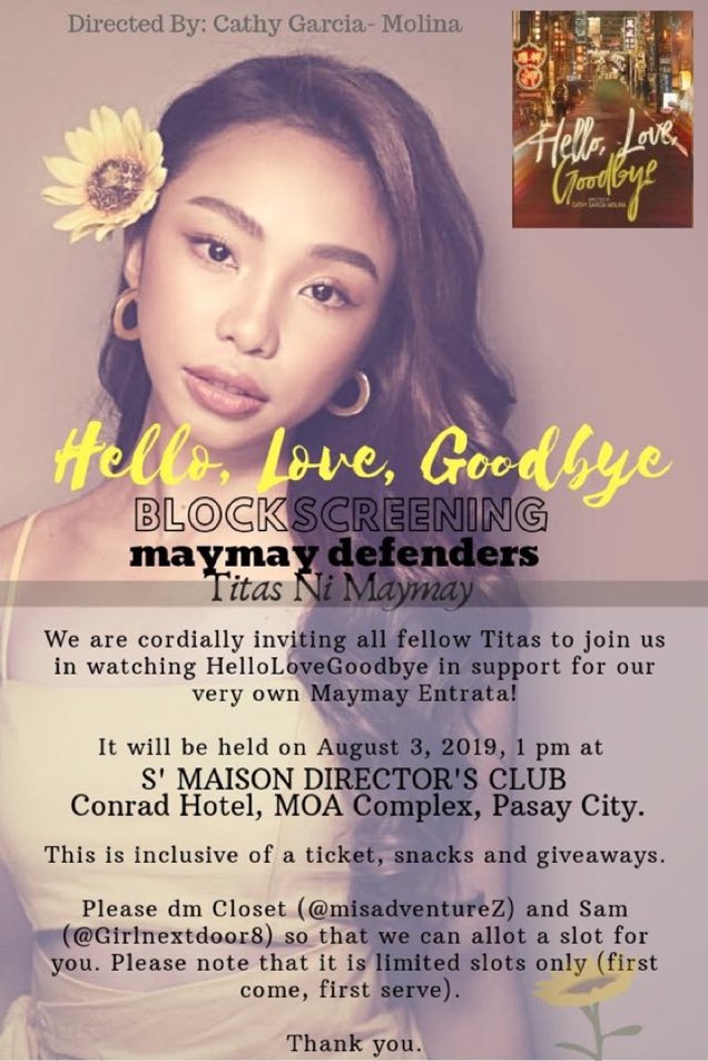 DefendersMaymay's tweet photo. Hello Fam! We are so excited to invite you to join us at the block screening of Hello, Love, Goobye in support of our very own Maymay Entrata @maymayentrata07 . Please check the announcement and don’t forget to dm @misadventureZ and @Girlnextdoor8 if you decide to join us. https://t.co/5CKmj0upYP