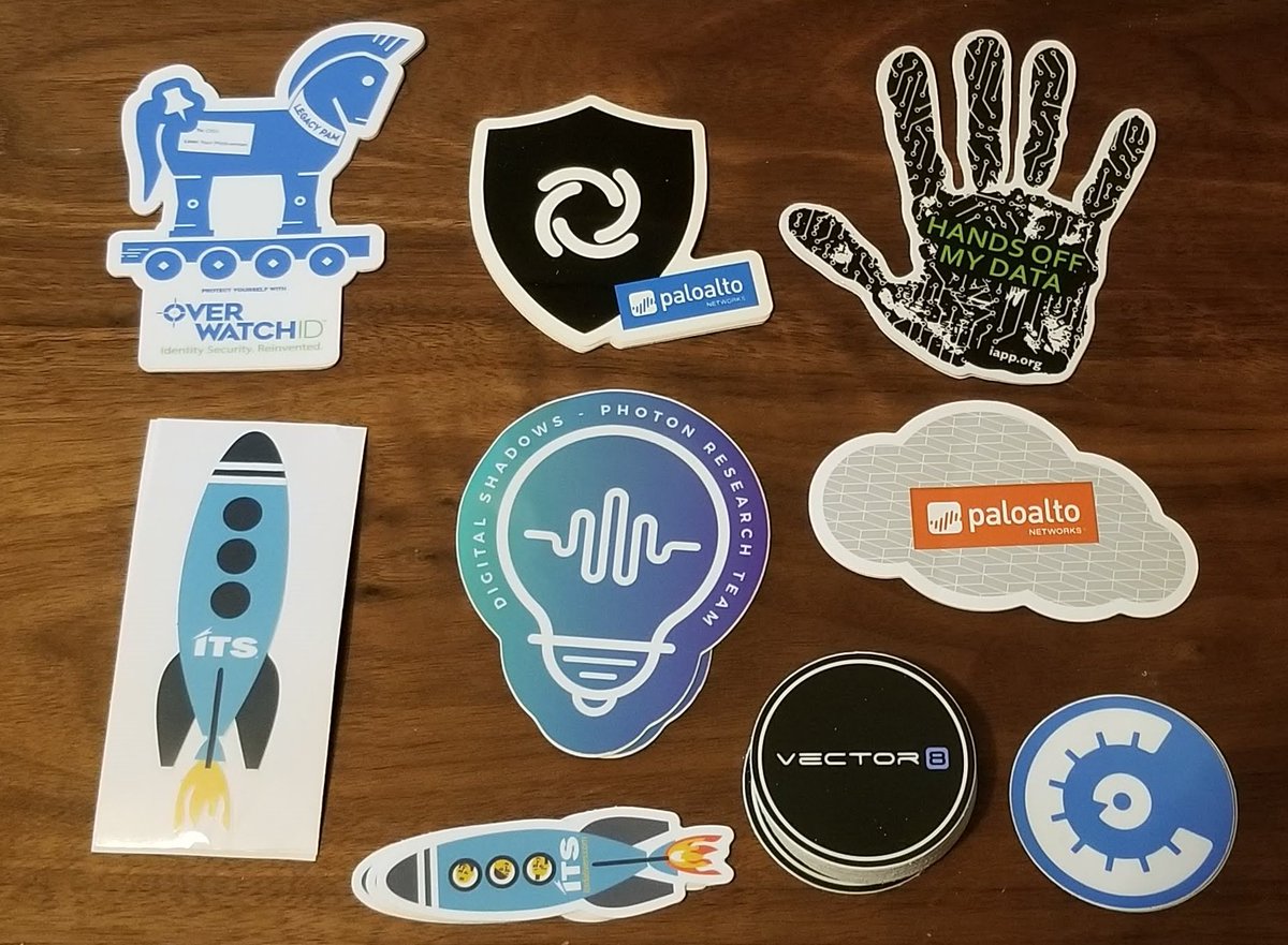 attritionorg's tweet image. Yesterday I went to #RMISC and talked to vendors. By that, I mean I asked them for stickers, and they delivered! Vendors, feel free to chime in and identify your stickers! My brigade of sticker collectors have already been messaged to see which they want... 1/2