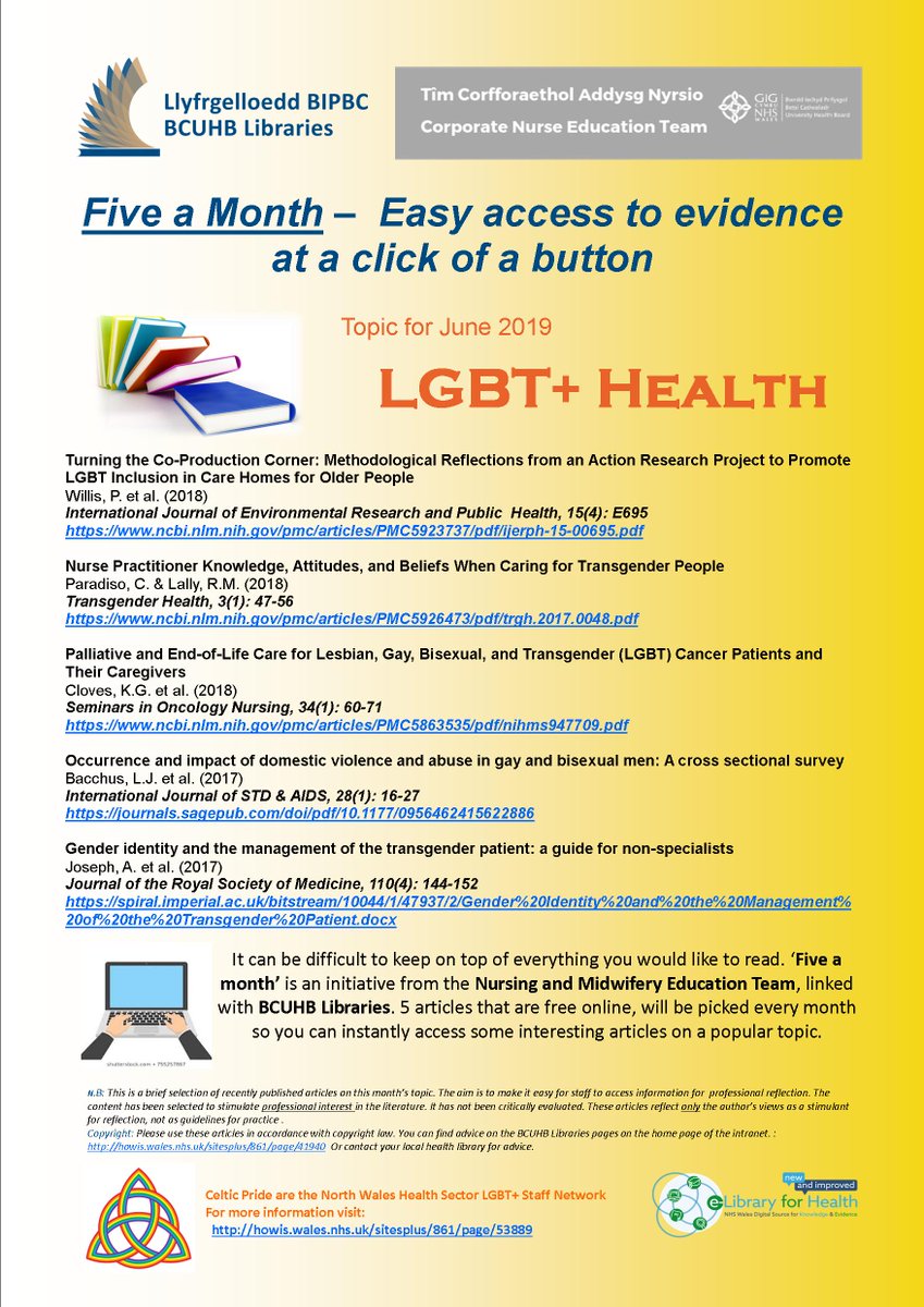 BCUHB_Libraries's tweet photo. Mae 5-y-mis newydd allan! Pwnc  y mis hwn yw LGBT &amp; iechyd. Ewch i’ch llyfrgell leol i gael copi. #nyrsio #5ymis #pridemonth https://t.co/UBmwa1VghR