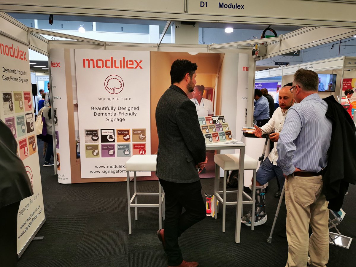 ModulexUK's tweet image. In full swing at the Alzheimer's Show. Pop to stand D1 where Ben and Tobias will show you our new dementia-friendly signage #thealzheimersshow #signageforcare #tas19