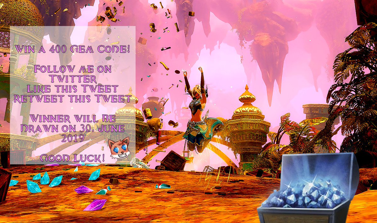 fashionfuchs's tweet image. Shiny! Win a 400 Gem Code for @GuildWars2  
Thank you ArenaNet for Sponsering  💜 #GuildWars2 
💎 Like &amp;amp; Retweete this tweet
💎 Follow me on twitter  
💎 Giveaway ends on 30.06.2019 at 23:59 MESZ