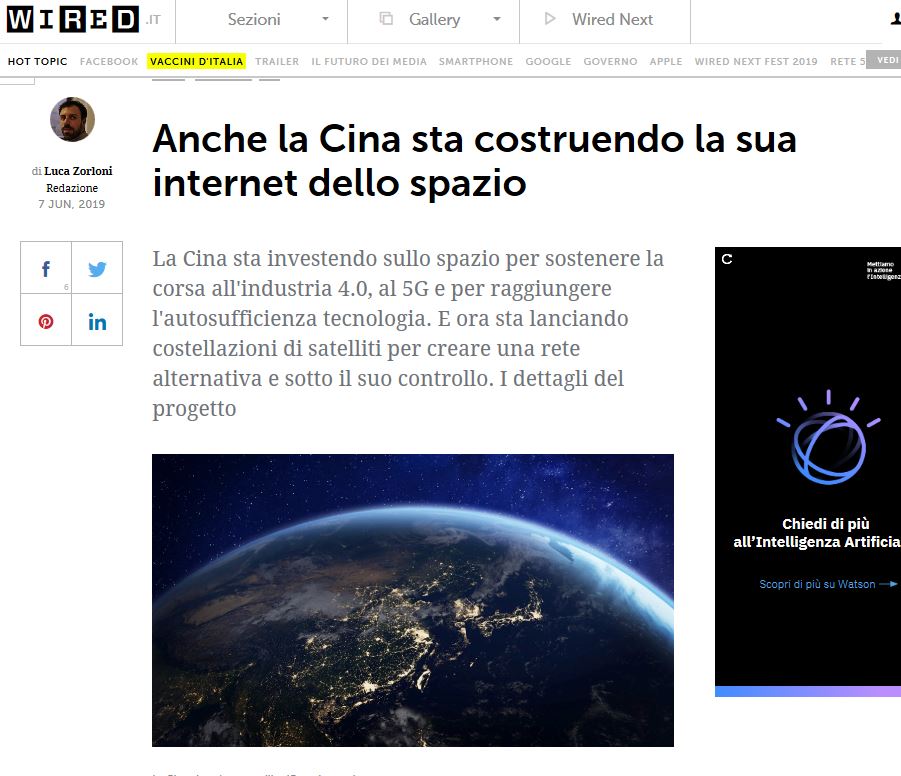 ClosetoMedia's tweet image. Su @wireditalia l&apos;articolo sugli investimenti della Cina nello spazio con l&apos;intervento di @ginobucciol di @OStelescopes sulle opportunità di business nella #lasercommunication in chiave #newspaceconomy. #OfficinaStellare #Ipo
 #AimItalia #pmi #Borsa 
wired.it/internet/tlc/2…