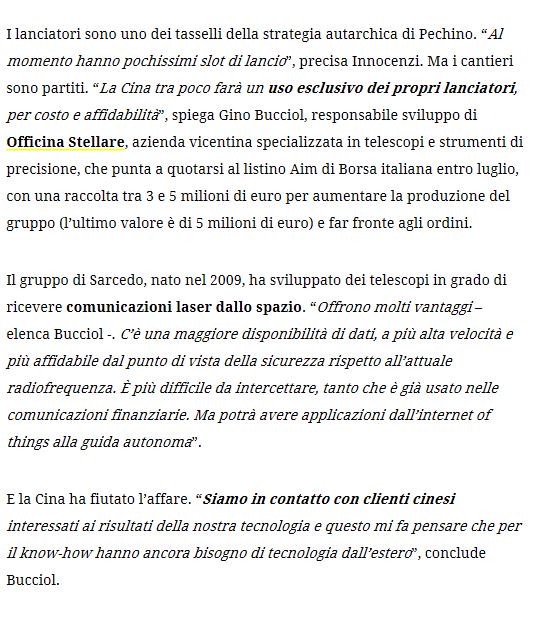 ClosetoMedia's tweet image. Su @wireditalia l&apos;articolo sugli investimenti della Cina nello spazio con l&apos;intervento di @ginobucciol di @OStelescopes sulle opportunità di business nella #lasercommunication in chiave #newspaceconomy. #OfficinaStellare #Ipo
 #AimItalia #pmi #Borsa 
wired.it/internet/tlc/2…