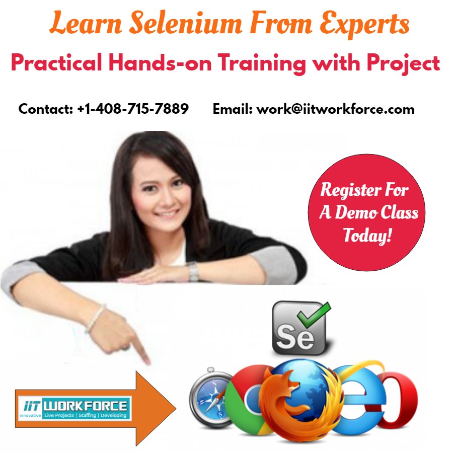 iitworkforce's tweet image. Learn Selenium Live Project Based Training by Experts
Onsite & Online Training in the USA
Register For A Demo Class Today!
Contact: 408-715-7889
Email: work@iitworkforce.com
iiTworkforce.com
#seleniumwebdrivertraining
#seleniumliveprojects #seleniumonlinetraining