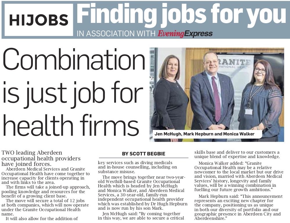 granite_oh's tweet photo. Following the recent news of Granite Occupational Health taking over the clinic of Aberdeen Medical Services, we were pleased to see the announcement in the Evening Express this week. #graniteoh #occupationalhealth https://t.co/ETMf1wAhay