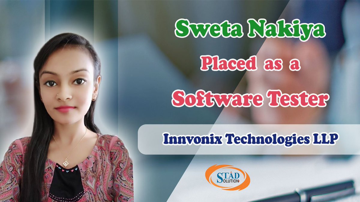 STAD_Solution's tweet image. Congratulations to Sweta Nakiya

#Placed as #Software_Tester in #Innvonix_Technologies

Best of Luck for the future from STAD Solution
Want to make a #Career in #IT ? 
Join STAD Solution
#STAD_Solution
7573055577 - 88
#Fresher #IT #Jobs #QA #Ahmedabad #Training #Internship