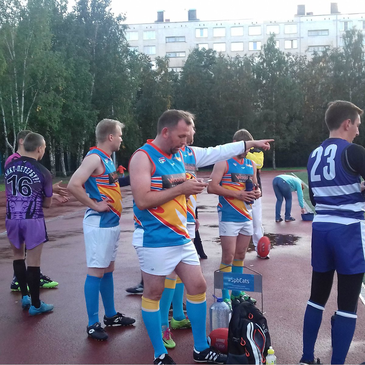 SpbCats's tweet photo. @helsinki.heatseekers on the bench in Russia. Tomorrow is our  turn, going to Finland #spbcats #AFLSPb #aflrussia #aussierulesrussia  #aussierules #aflwords #aflnews #saintpetersburgcats https://t.co/fI1a4u3buB